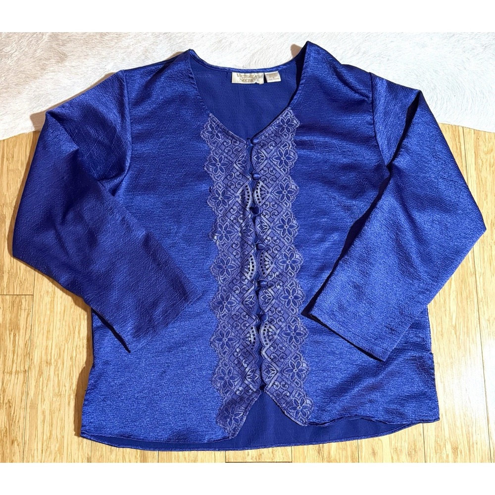 Vintage 90's Victoria's Secret Blue Satin Size‎ S Button Down Lace Short Sleeve